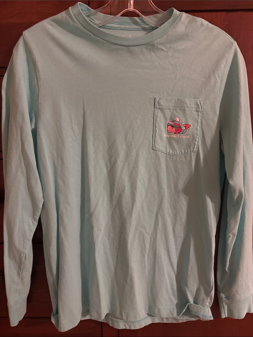 Vineyard Vines Girls Long-Sleeve Pocket Tee in Mint Blue with Pink Logo